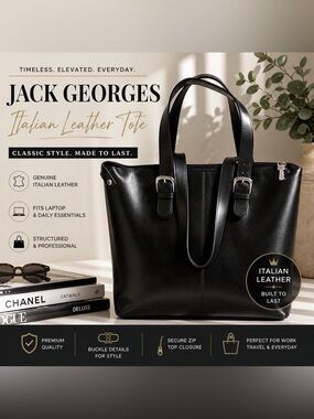 Jack Georges Black Italian Leather Tote Bag Structured Work Laptop Purse